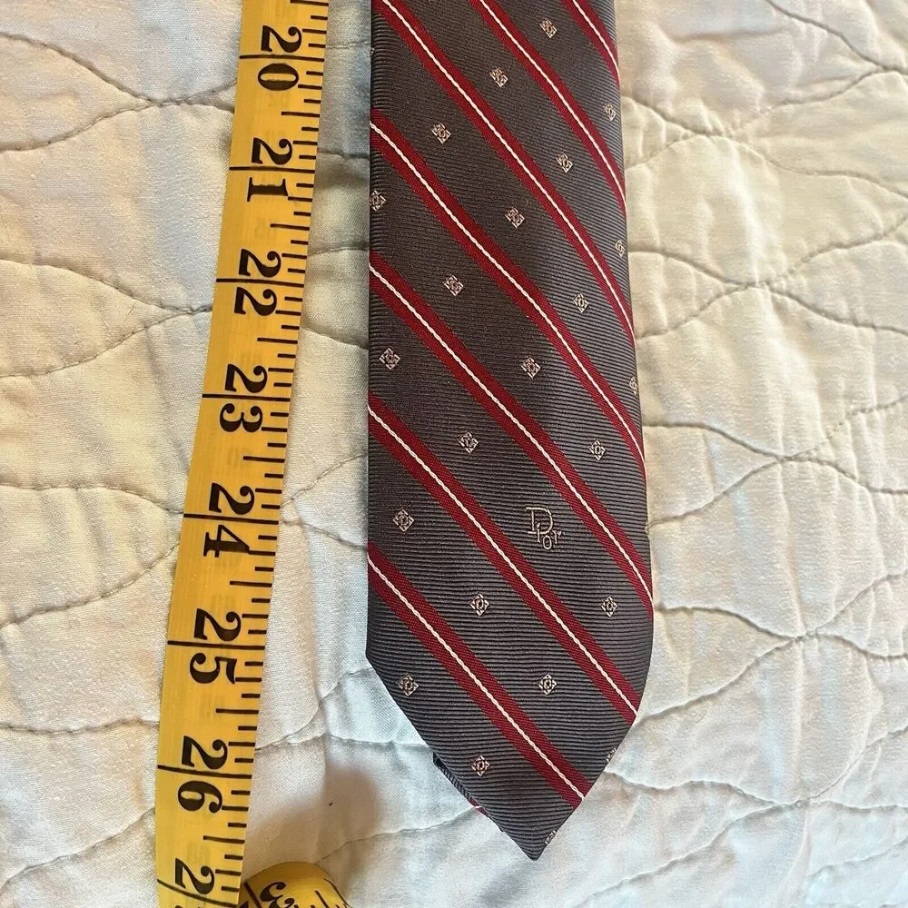 Christian Dior Paris New York 100% Silk Neck Tie Red Pewter Diagonal Stripe EUC